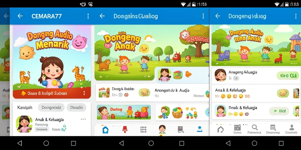 Antarmuka CEMARA77 menampilkan berbagai pilihan dongeng audio yang menarik.